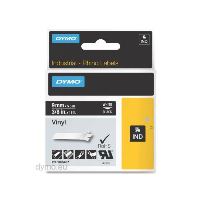 Dymo Rhino Cinta Id1-9, Blanco Sobre Negro, 9 mmx5´5M, Vinilo Dymo Rhino Cinta Id1-9, Blanco Sobre Negro, 9 mmx5´5M, Vinilo