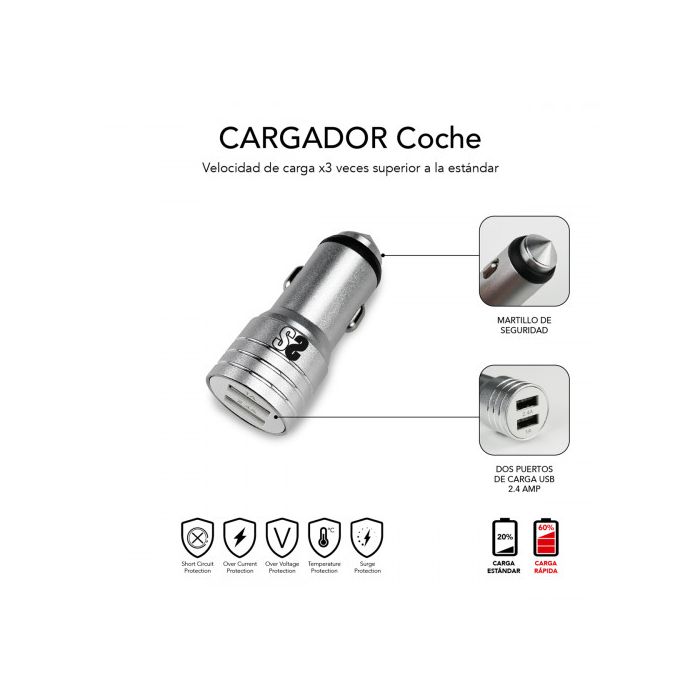 Cargador de Coche USB Universal + Cable USB C Subblim Cargador Coche 2xUSB Dual Car Charger Alum 2.4A + Cable 3 in 1 Silver 2