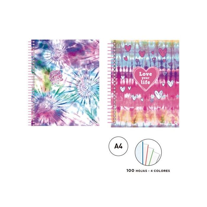 Senfort Cuaderno Espiral A4 100H 4 Secciones Color T-Dura Tie Dye Surtido