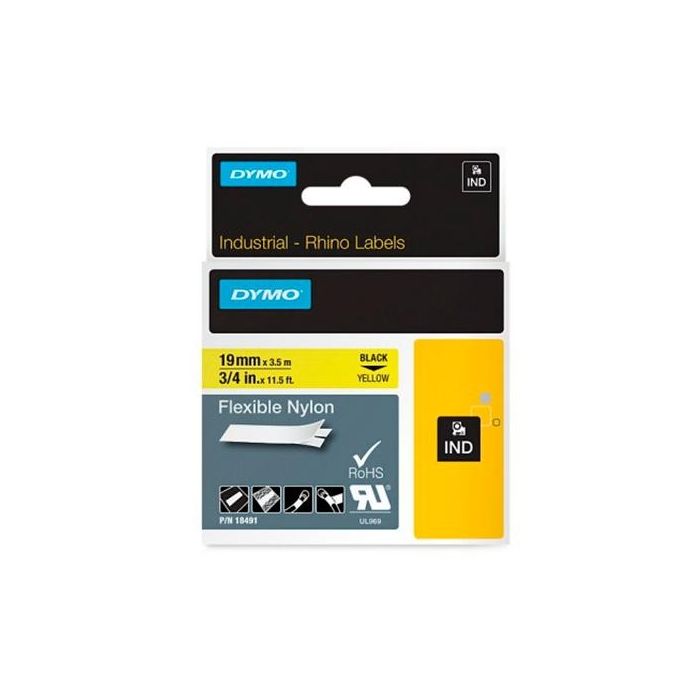 Dymo Rhino cinta de etiquetas industrial adhesiva id1-19, negro sobre amarillo de 19mmx3´5 m, nylon flexible (s0718090)