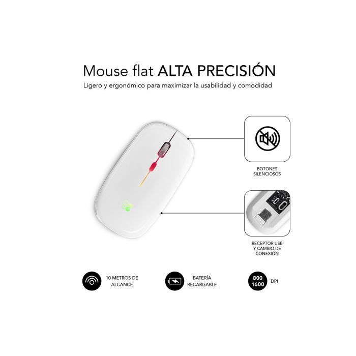 Ratón Óptico Inalámbrico 2.4G y Bt Rgb Led Dual Flat Mouse White 4