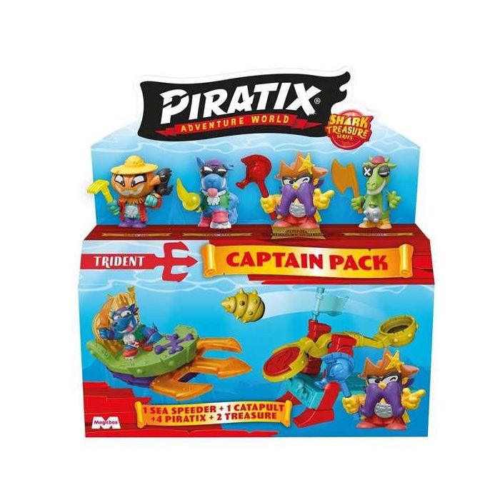 Figura piratix shark treasure pack capitan, incluye 1 capitan dorado, 3 piratix, 1 deslizador, 1 catapulta, 4 accesorios cristal, 2 tesoros, 2 banderas y 1 proyectil - modelos surtidos