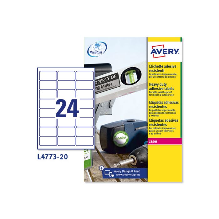 Paquete 20 Hojas Etiquetas de Poliéster Blanco-Impresoras Láser-63,5X33,9 Mm Avery L4773-20