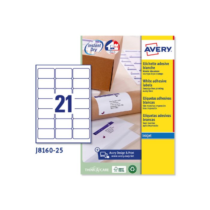 Paquete 25 Hojas Etiquetas Blancas Quick Dry-Impresoras de Inyección de Tinta-63,5X38,1 Mm Avery J8160-25