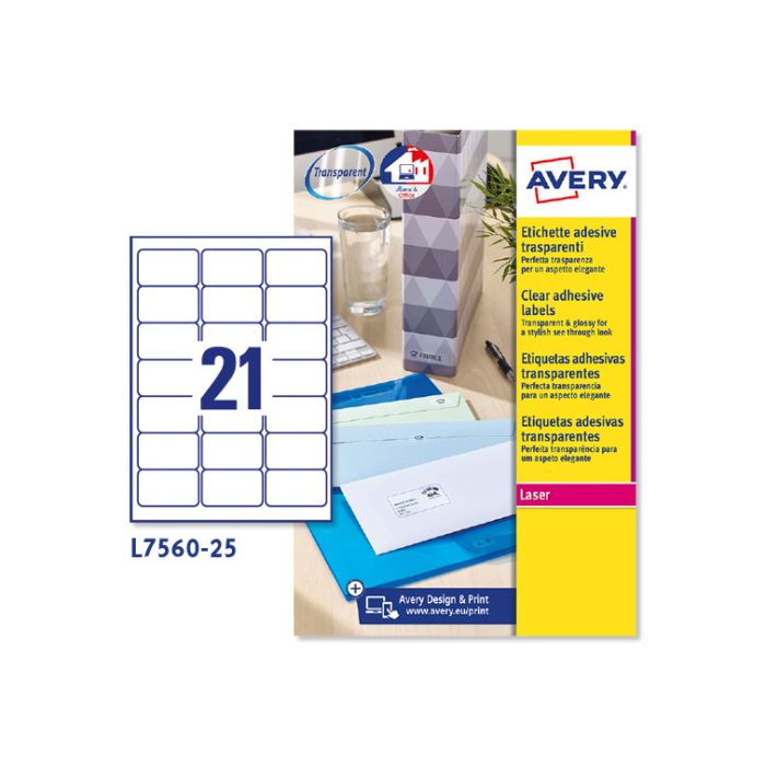 Paquete 25 Hojas Etiquetas Transparentes Quickpeel-Impresoras Láser-63,5X38,1 Mm Avery L7560-25