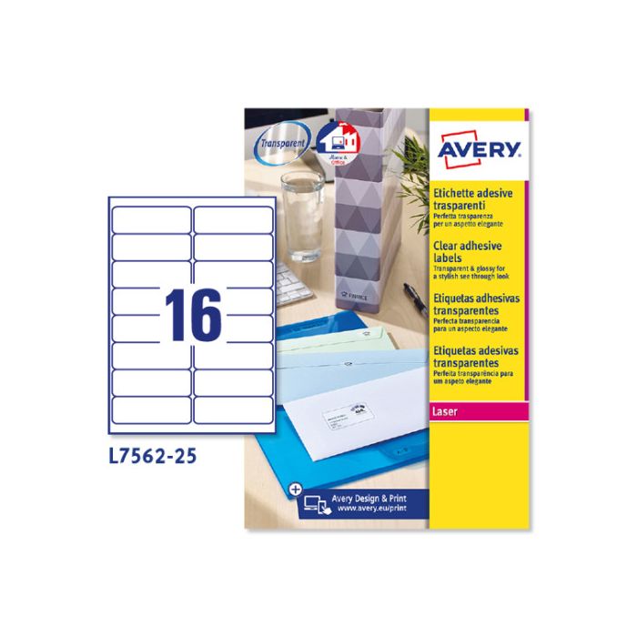 Paquete 25 Hojas Etiquetas Transparentes Quickpeel-Impresoras Láser-99,1X33,9 Mm Avery L7562-25