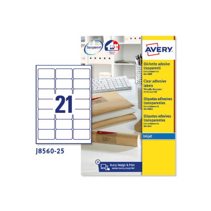 Paquete 25 Hojas Etiquetas Transparentes Quickpeel-Impresoras de Inyección de Tinta-63,5X38,1 Mm Avery J8560-25