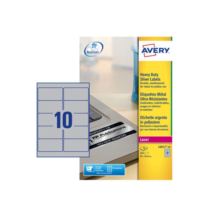 Paquete 20 Hojas Etiquetas Plateadas de Poliéster-Impresoras Láser-96X50,8 Mm Avery L6012-20