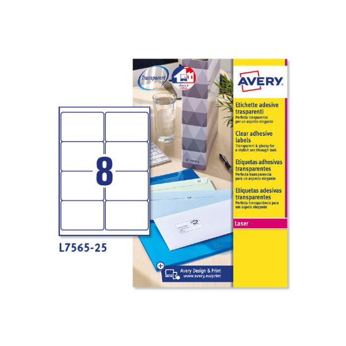 Paquete 25 Hojas Etiquetas Transparentes Quickpeel-Impresoras Láser 99,1X67,7 Mm Avery L7565-25