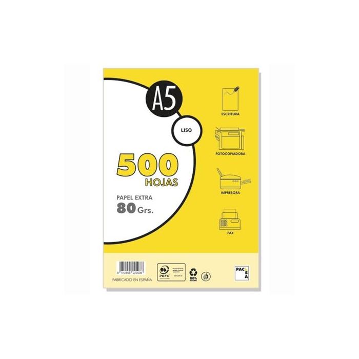 Pacsa paquete papel extra 500h a5 80 gr liso sin taladros blanco