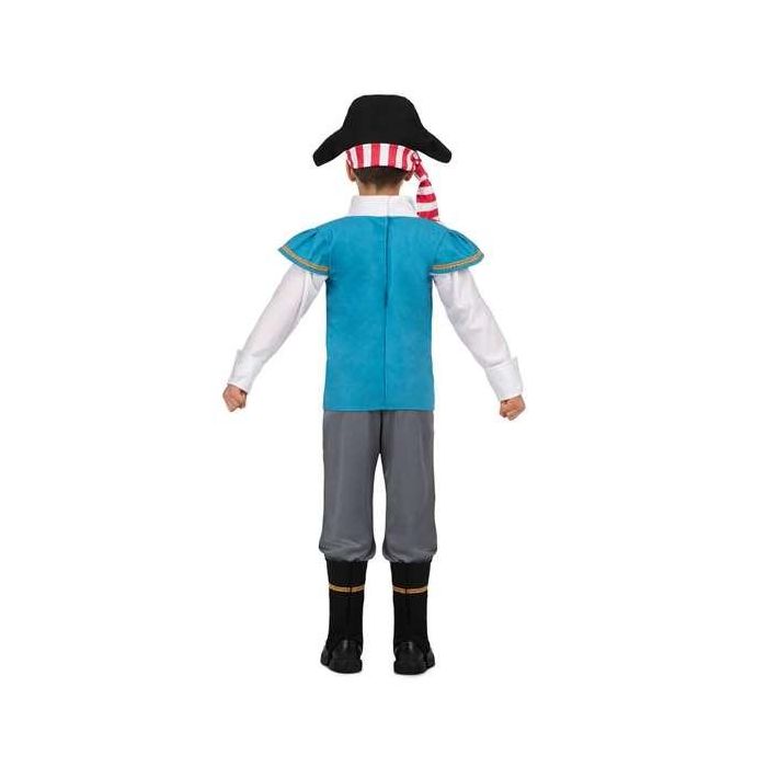 Disfraz pirata gorro, camisa con chaleco y faja, pantalón y cubrebotas talla 3-4 y 2