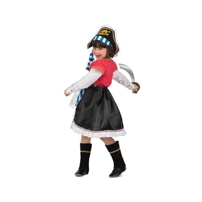 Disfraz pirata gorro, vestido con corpiño, chaleco y cinturón, y cubrebotas talla 7-9 y 4