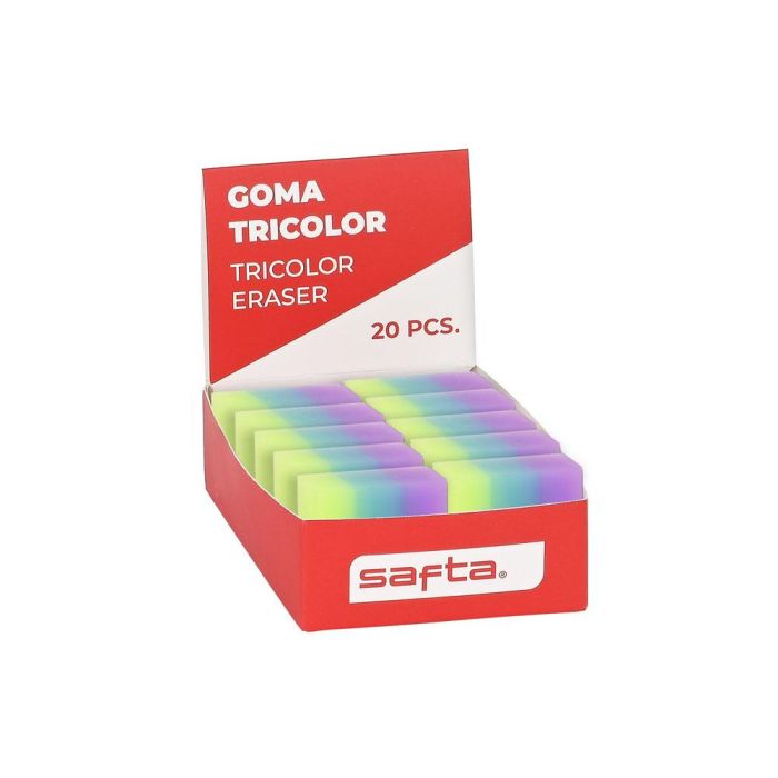 Goma De Borrar Safta Pvc Tricolor Expositor De 20 Unidades 80x130X30 mm