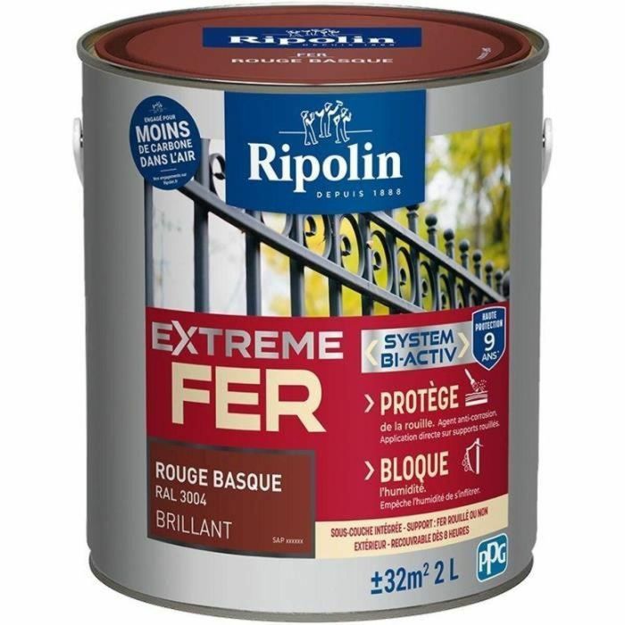 Ripolin RIP3174269077886 Esmalte de Alta Resistencia para Hierro, Tono Rojo Vasco Extremo RAL 3004, Acabado Brillante, Envase de 2 Litros Ripolin RIP3174269077886 Esmalte de Alta Resistencia para Hierro, Tono Rojo Vasco Extremo RAL 3004, Acabado Brillante, Envase de 2 Litros