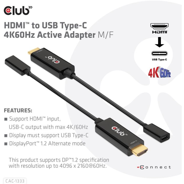 Club3D CAC-1333 Adaptador HDMI 2.0 a USB-C Macho/Macho 4K60Hz Activo - Negro 0.22m 2