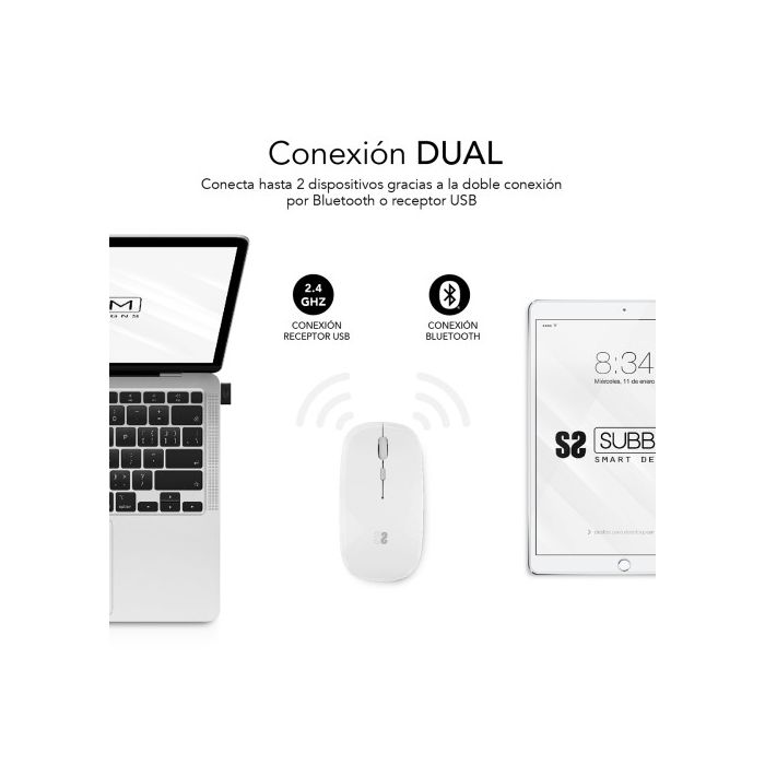 SUBBLIM Ratón Óptico Inalámbrico 2.4G y Bluetooth Dual Flat Mouse Recargable Blanco 1