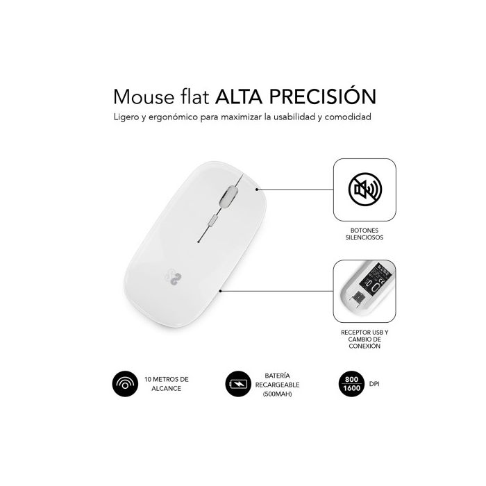 SUBBLIM Ratón Óptico Inalámbrico 2.4G y Bluetooth Dual Flat Mouse Recargable Blanco 3