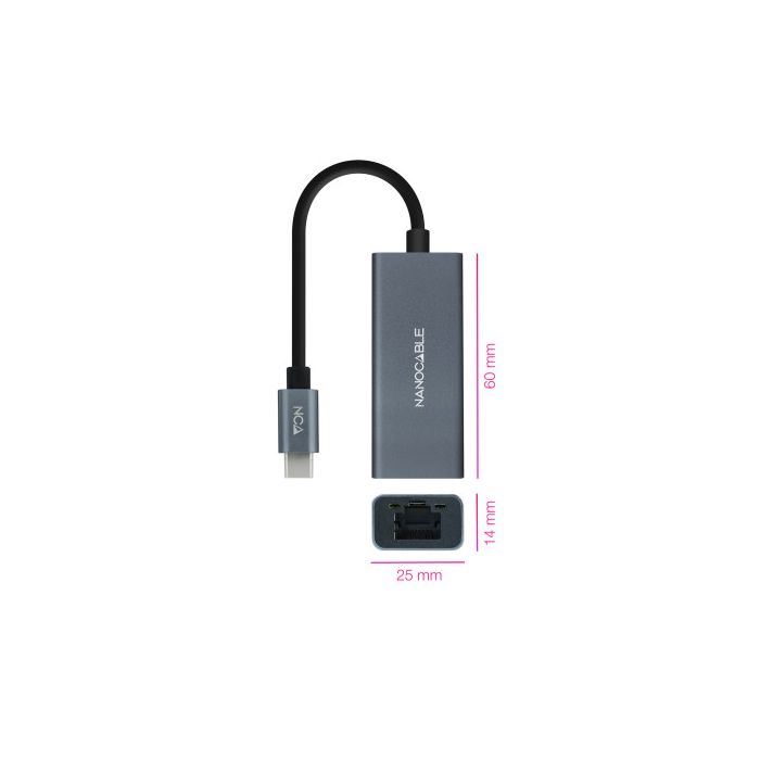 Adaptador USB C a Red RJ45 NANOCABLE Conversor USB-C a Ethernet Gigabit 10/100/1000 Mbps, Aluminio, Gris, 15 cm 1