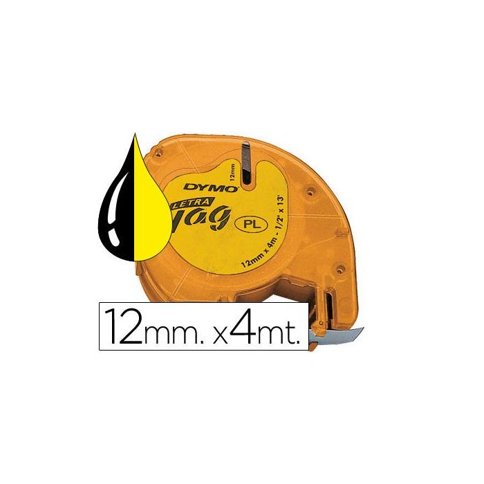 Dymo Cinta 91202, Negro Sobre Amarillo De 12 mmx4M. De Plástico, Rotuladora Letratag