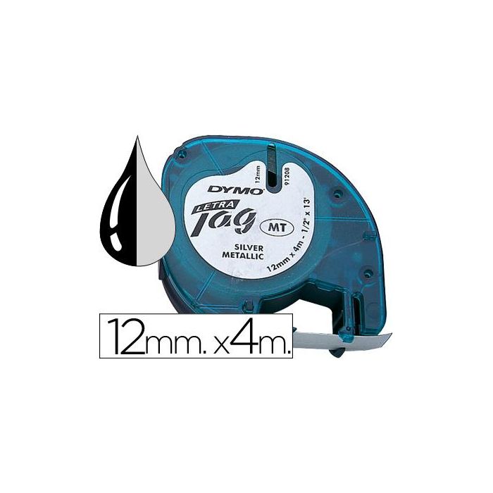 Dymo Cinta 91208, Negro - Plata Metalizada De 12 mmx4M, De Plástico. Rotuladora Letratag