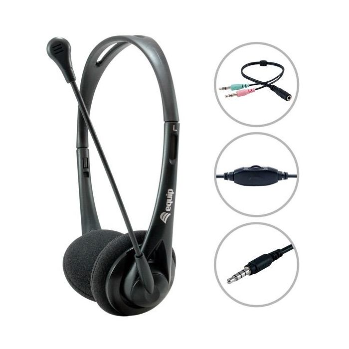 Equip auriculares estéreo jack 3.5mm ultraligeros con micrófono flexible ajustable negro