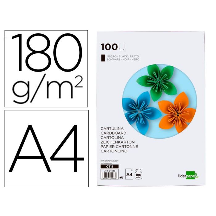 Cartulina Liderpapel A4 180 gr-M2 Negro Paquete De 100 Hojas