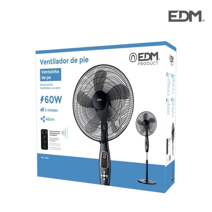 Ventilador de pie con mando a distancia. color negro. potencia: 60w aspas: ø40cm altura regulable 110-130cm edm 2