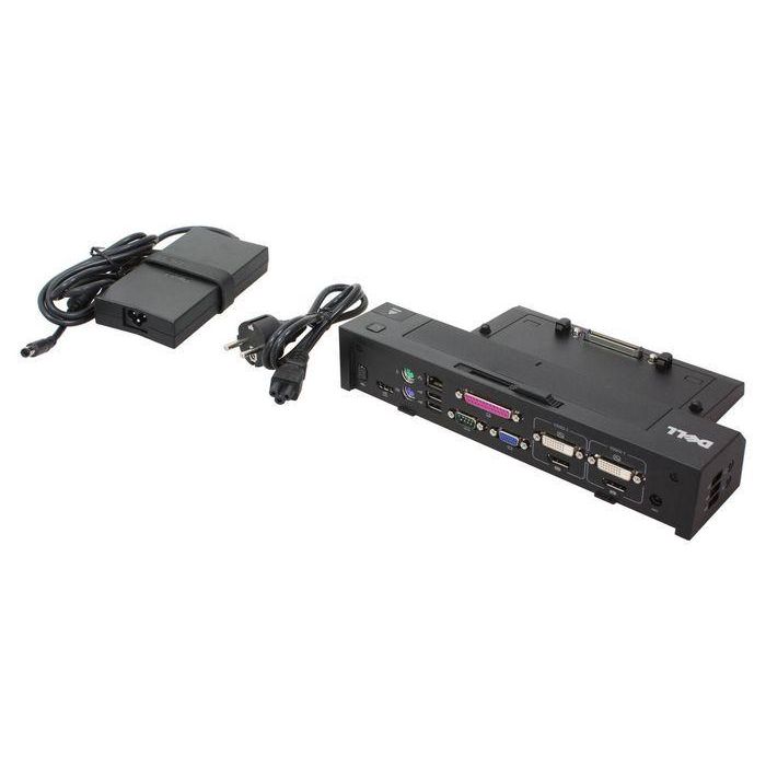 Dell Advanced port replicator for Dell Latitude E series, featuring 5 USB ports, multiple video outputs, and 130W power supply. Dell Advanced port replicator for Dell Latitude E series, featuring 5 USB ports, multiple video outputs, and 130W power supply.