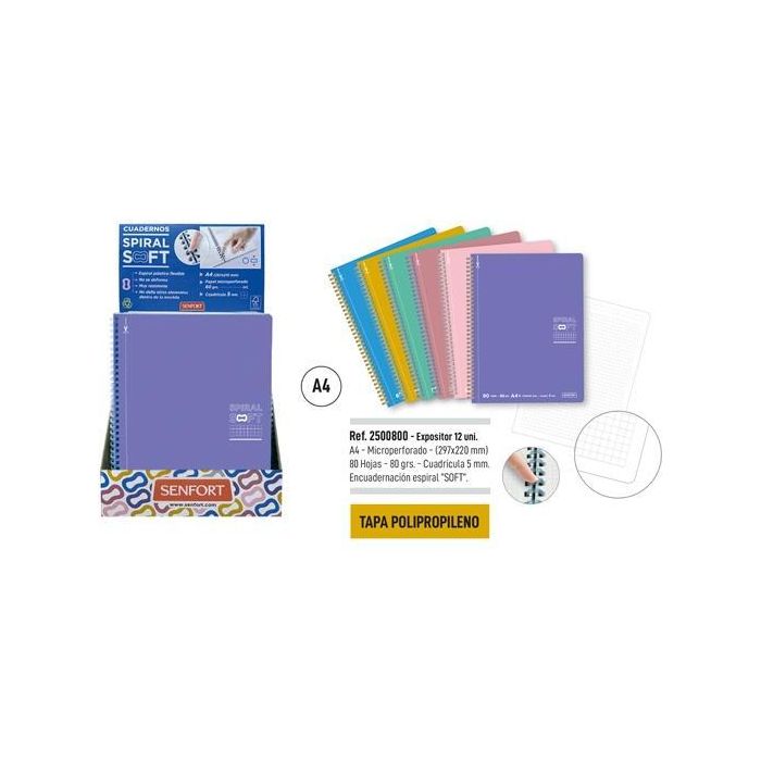 Senfort Cuaderno Espiral Plástico Flexible Soft 80H A4 5x5 mm 80 gr Microperforado Tapa Polipropileno Expositor 12 Ud C-Surtidos