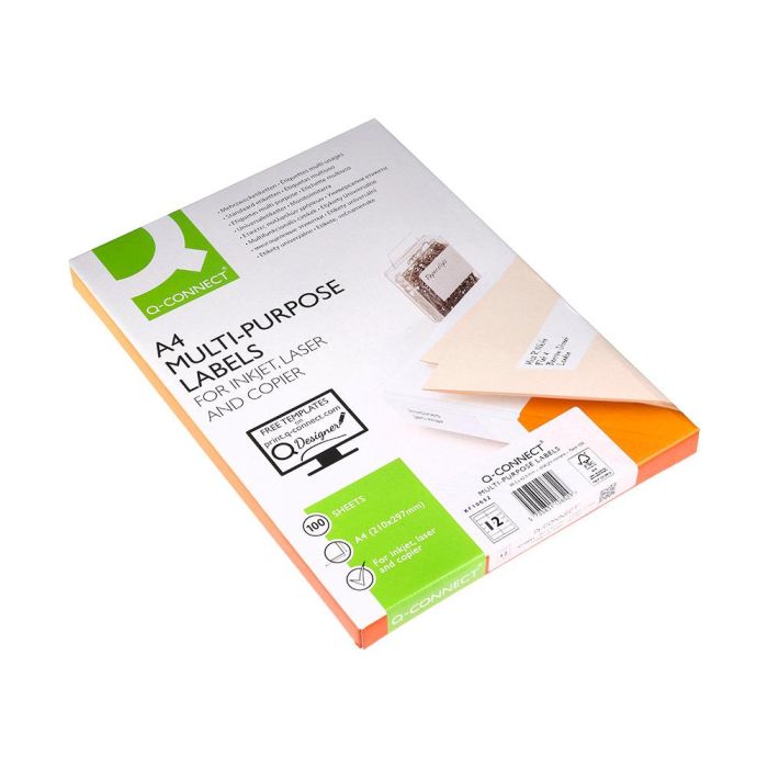 Etiqueta Adhesiva Q-Connect Kf10652 Tamaño 96,5x42,3 mm Fotocopiadora Laser Ink-Jet Caja Con 100 Hojas Din A4 4