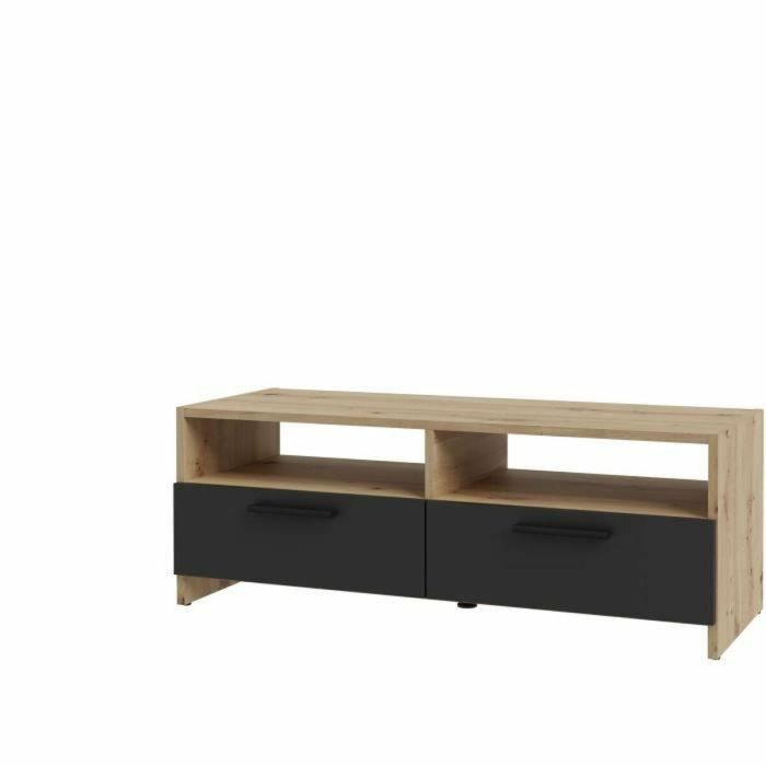 Mueble TV PILVI - Estilo contemporáneo - Decoración Roble y Negro - 2 solapas + 2 nichos - L 95 x P 36 x H 34,5 cm 1