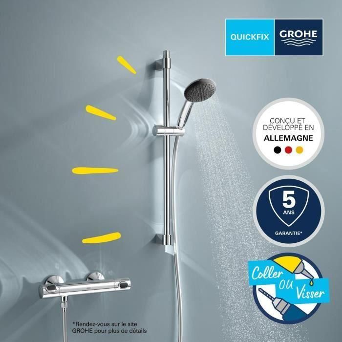 Conjunto de ducha con mezclador termostático, rociador de 1 chorro, barra de 60 cm y flexo - GROHE 34800001 - Ahorro de agua - Cromo 4