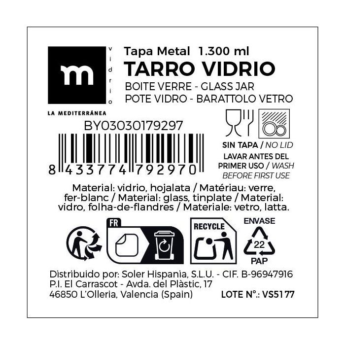 Inde Tarro Vidrio T/Metal 1300 ml 10x10x18 cm 3-Surt La Mediterrane 17