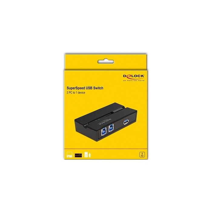 DeLOCK Interruptor USB 3.0 de 2 Ordenadores a 1 Dispositivo, 5 Gbit/s, Cable USB A-B Incluido, Negro (106 x 56 x 25 mm) 3