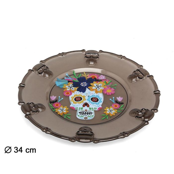 Plato Decorativo Negro 34 cm con Calavera de la Muerte Mexicana y Flores