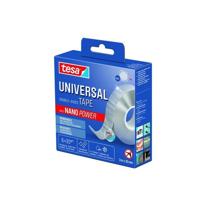 Tesa Cinta Doble Cara Universal Transparente 30 mm x 3 m para Interior y Exterior, Adhesión 5 kg/m