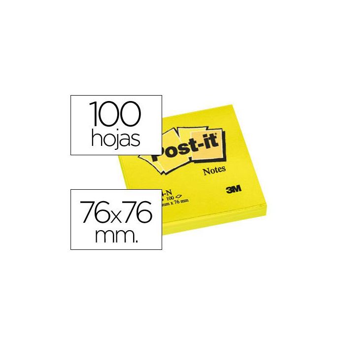 Bloc De Notas Adhesivas Quita Y Pon Post-It 76x76 mm Amarillo Neon Con 100 Hojas 6 unidades