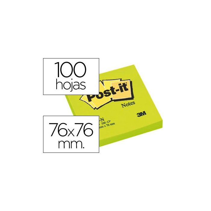 Bloc De Notas Adhesivas Quita Y Pon Post-It 76x76 mm Verde Neon Con 100 Hojas 6 unidades