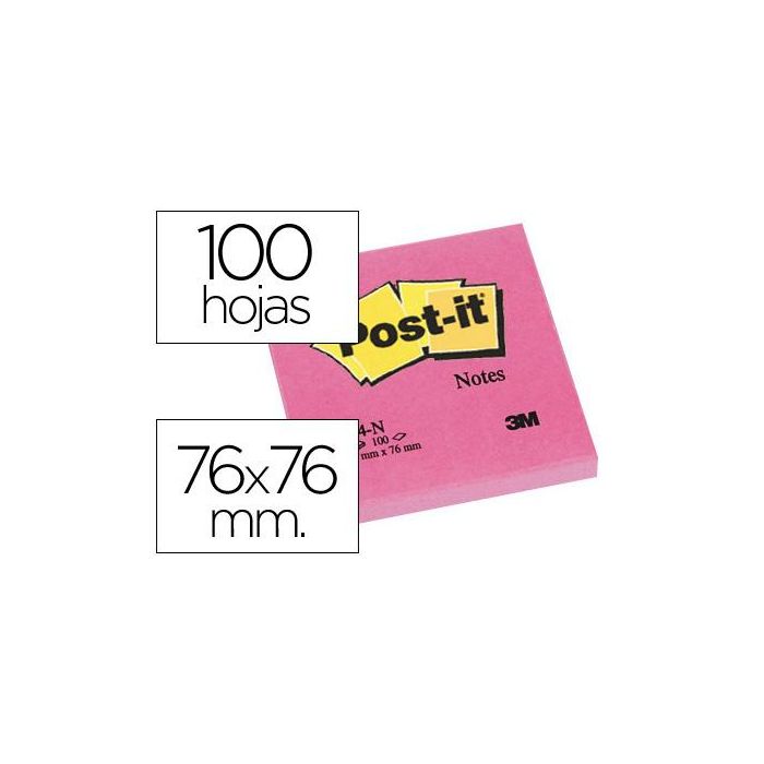 Bloc De Notas Adhesivas Quita Y Pon Post-It 76x76 mm Fucsia Neon Con 100 Hojas 6 unidades