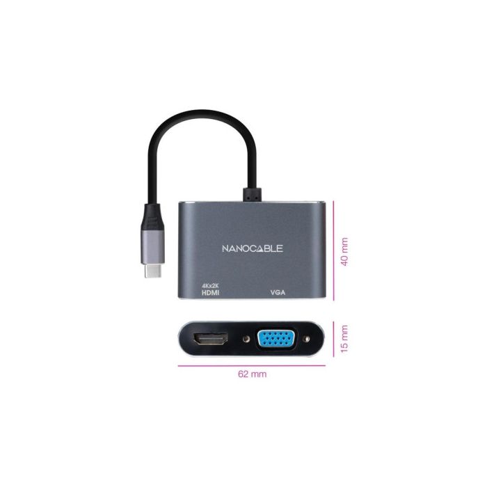 Adaptador USB-C a VGA/HDMI NANOCABLE 10.16.4303 Gris 4K Ultra HD
