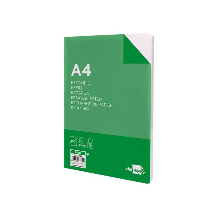 Recambio Liderpapel A4 100 Hojas 60 gr-M2Pauta 4ª 3.5 mm Con Margen 4 Taladros 1