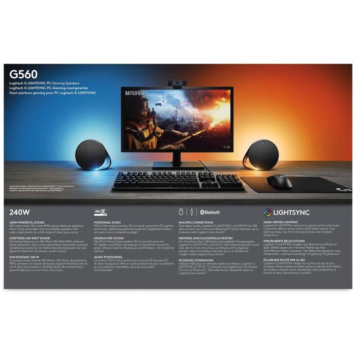 Logitech G560 980-001301 Altavoces Gaming con Bluetooth, 240W, LIGHTSYNC RGB, DTS:X Ultra, USB y 3.5mm 27