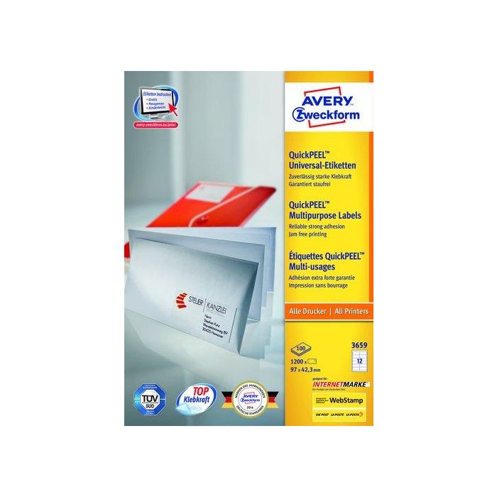 Etiquetas Adh.Impr.Avery A4 Blanca C.Rectos Caja 100H 97X42,3 Mm 1.200 Uds.(3659)