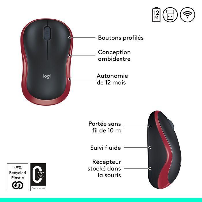Logitech M185 Ratón Inalámbrico RF Plug-and-Play Rojo con Nano Receptor USB, Ergonómico, Fiable, Batería 1 Año 6