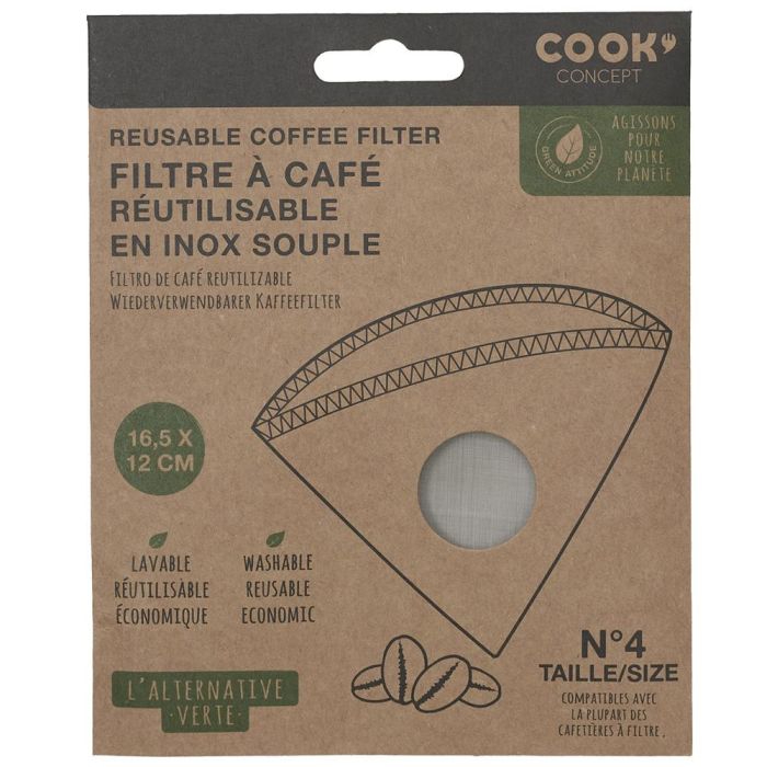 Cook Concept Filtro Café Reutilizable Metal Talla nº4 Lavable Acero Inoxidable Compatible Cafeteras Filtro 16,5x12 cm