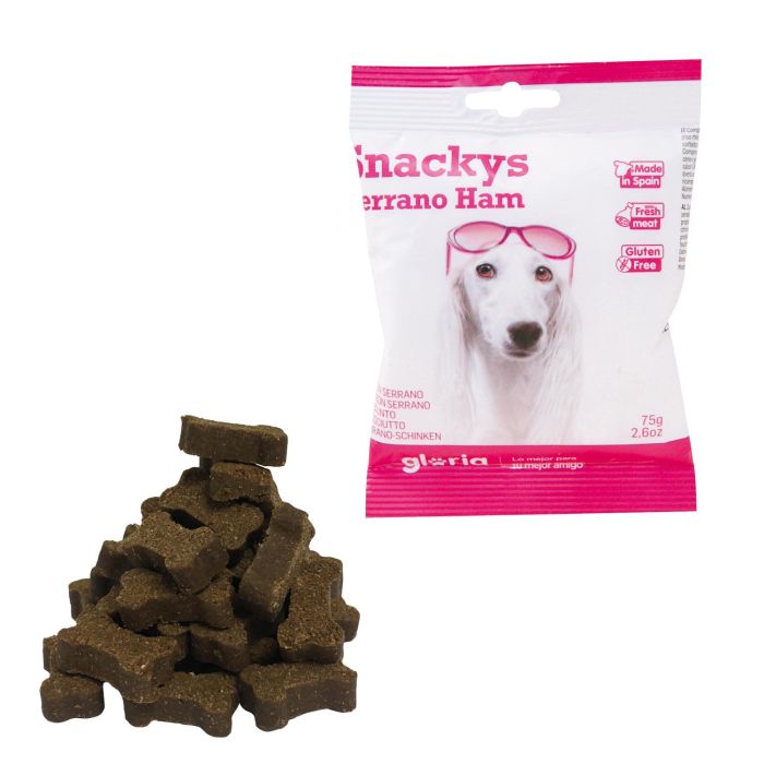 Snackys Snack para Perros de Jamón Serrano Display 30 Bolsitas de 75g - +70% Carne Fresca, Sin Gluten, Entrenamiento