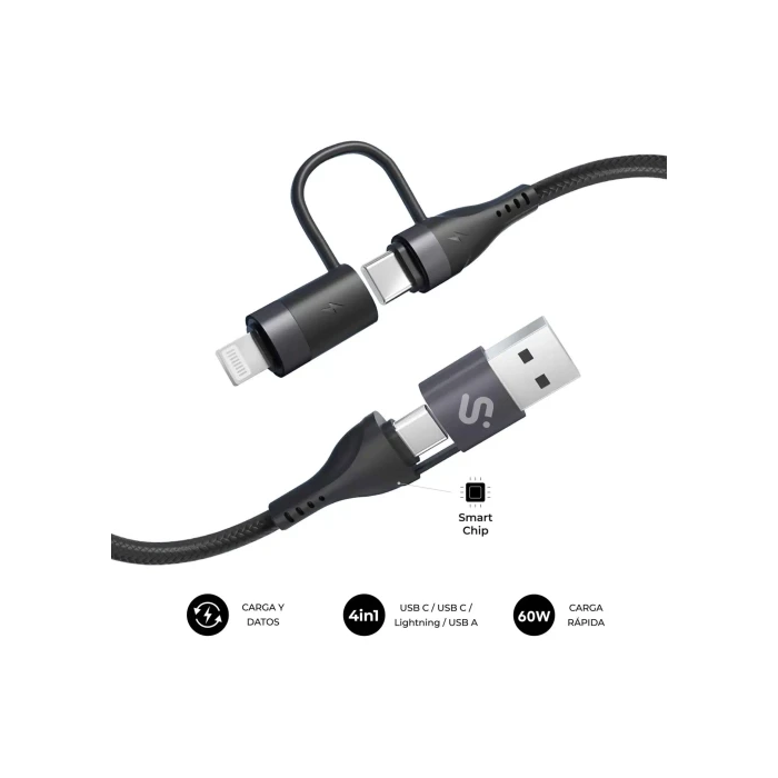 Subblim Cable USB-C 4 en 1 60W 480Mbps 1m Negro SUBCAB-4IN101 (USB-C, Lightning, USB-A)