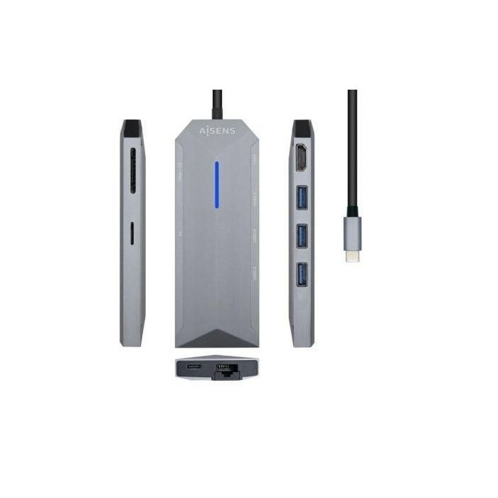 Aisens Dock Station USB-C 8 en 1 con HDMI, RJ45, 3 USB, PD 100W, lectores SD y Micro SD - Gris