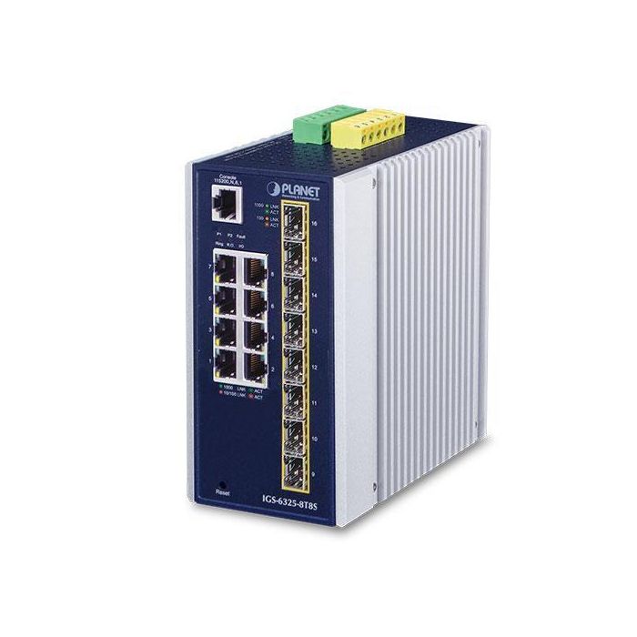 Planet IGS-6325-8T8S Switch Industrial Gestionable L3, 8x Gigabit RJ45, 8x SFP 1G/2.5G, IP30, 56Gbps, -40 a 75°C, Montaje DIN
