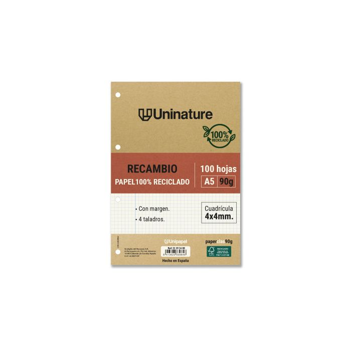 Recambio Reciclado A5 100 Hojas 90Gr Cuadricula 4X4 Mm con Taladros Uninature 53393400